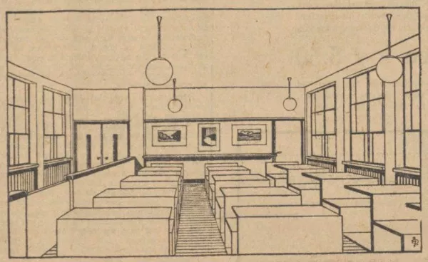 Afbeelding uit: december 1930. Deze tekening van een klaslokaal verscheen in het Algemeen Handelsblad van 22 december 1930.