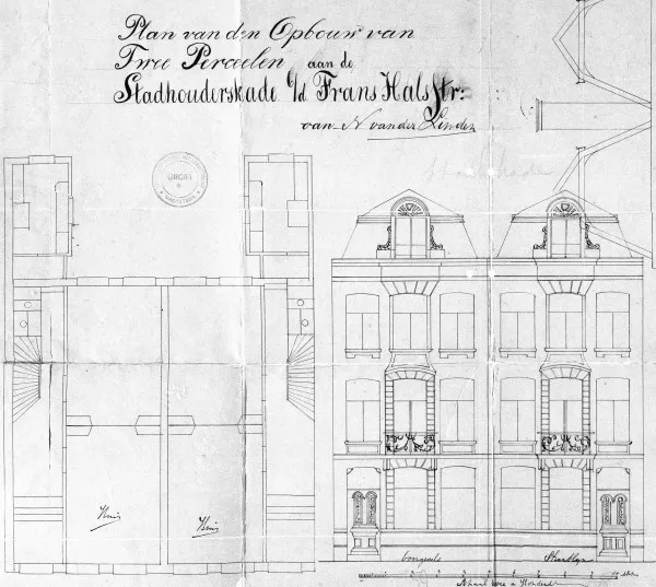 Afbeelding uit: 1879. (58 en 59) "Plan van den Opbouw van Twee Perceelen aan de Stadhouderskade b/d Frans Halsstr: van N van der Linden"
Bron afbeelding: SAA, bestand 5221BT912941.