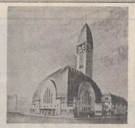 Afbeelding uit: 1925. Een niet-gerealiseerd ontwerp voor de kerk, ook gemaakt door Roest. In 1925 afgedrukt in het weekblad De Prins; in 1972 overgenomen in het Parool.