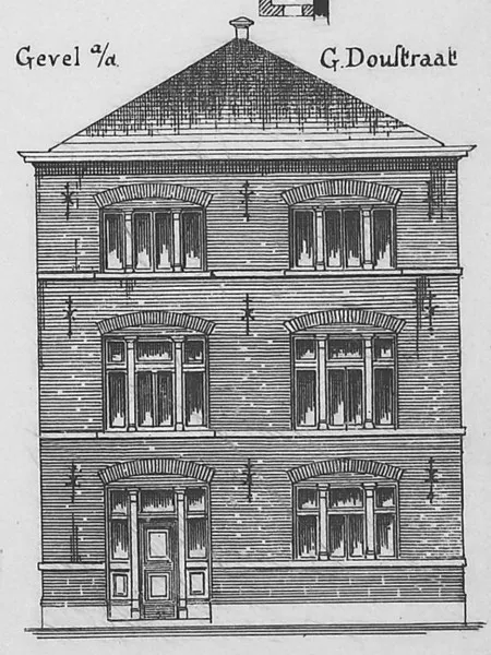 Afbeelding uit: 1884. Uitbreiding 1884, nieuwe gevel aan de Gerard Doustraat (links van de binnenplaats).