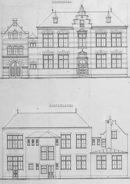 Afbeelding uit: 1889. Geveltekeningen van de school en de hulpwacht.