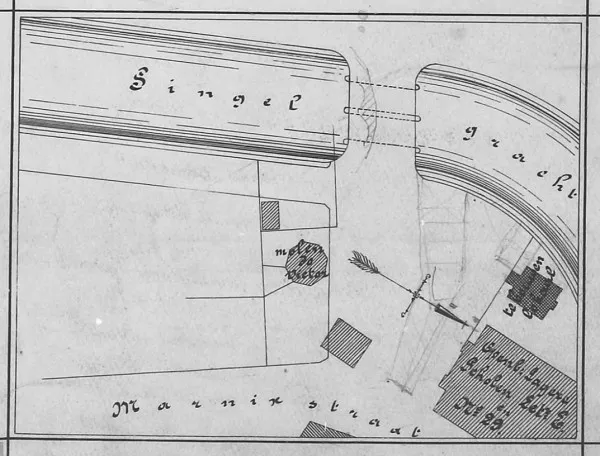 Afbeelding uit: 1887. Situatie. Het donker gearceerde (rechts) is het te bouwen lokaal.