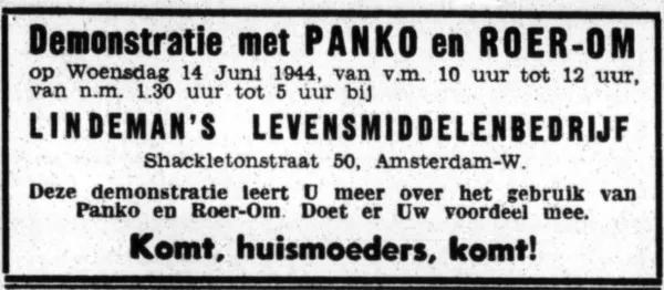 Afbeelding uit: juni 1944. Advertentie in Het Volk van 13 juni 1944. Panko en Roer-om waren producten om pannenkoekbeslag resp. cakedeeg mee te maken. Beide producten bestonden van 1941 tot 1944.