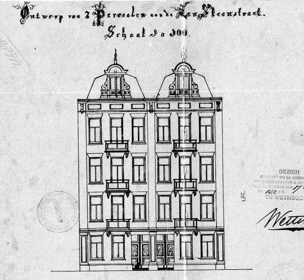 Afbeelding uit: 1887. Op de bouwtekening hadden ook de woningen op de derde verdieping een balkon.
Bron afbeelding: SAA, bestand 5221BT906329.