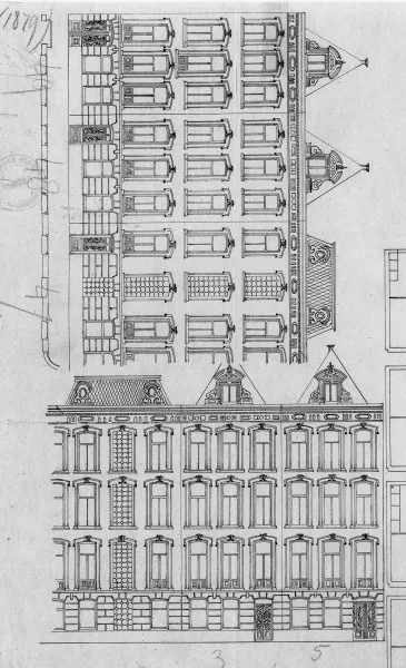 Afbeelding uit: 1879. Gevels aan Stadhouderskade (boven) en Ruysdaelkade (onder). Uitsnede van een van de bouwtekeningen.
Bron afbeelding: SAA, bestand 5221BT908265.