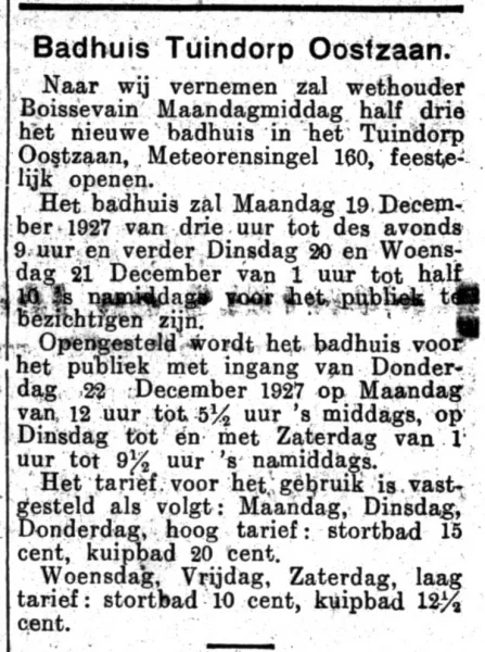 Afbeelding uit: december 1927. Bericht in dagblad Het Volk met openingstijden en tarieven.
