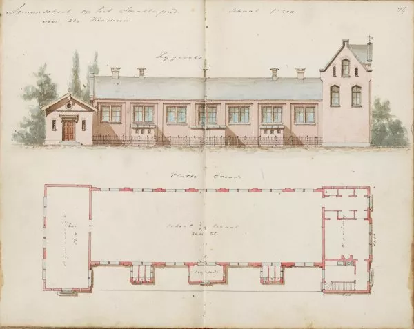 Afbeelding uit: 1862. Bouwtekening van Springer. De school had aanvankelijk één bouwlaag. De uitbouwen aan de achterkant zijn toiletten en een bergplaats.
