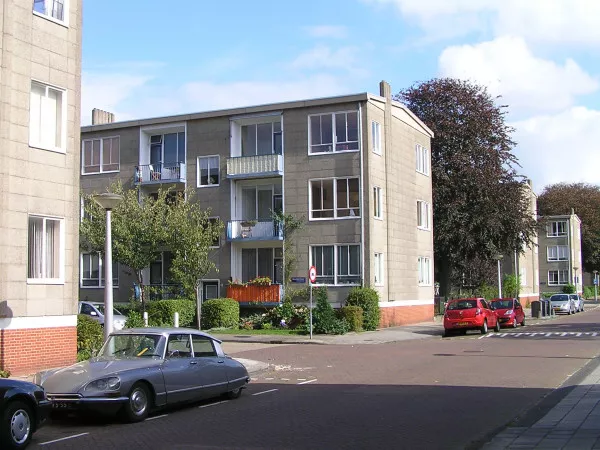 Afbeelding uit: september 2011. Betuwestraat gezien richting Veluwelaan. Links flats in strokenbouw aan de Sallandstraat.