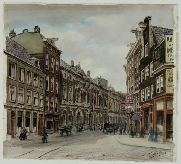 Afbeelding uit: 1916. Tekening van de Amstelstraat door Tinus de Jongh (1885-1942). Rechts van de bank staat het Floratheater (arch. Evert Breman), dat in 1929 afbrandde.