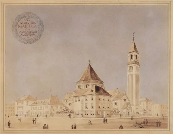 Afbeelding uit: 1925. Stuyt maakte deze tekening voor de presentatie van het complex. De klokkentoren is er uiteindelijk niet gekomen.