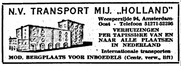 Afbeelding uit: 1941. Een advertentie van het verhuisbedrijf. Links het gebouw aan de Weesperzijde, daarachter de grote meubelopslag.