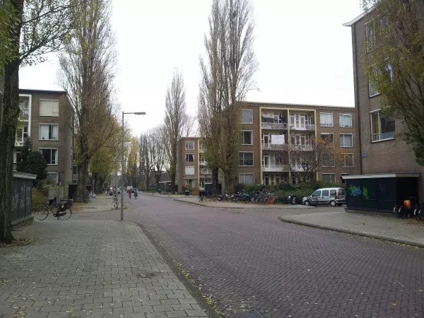 Afbeelding uit: november 2013. De Radioweg, de centrale as van Tuinstad Middenmeer, gezien naar het noordwesten. Links en rechts de zes stroken met flats.