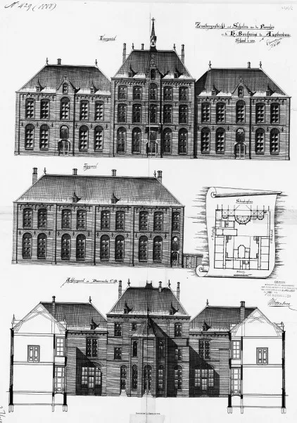 Afbeelding uit: 1888. Voor-, zij- en achteraanzicht van het ontwerp voor een "Zustergesticht met Scholen voor de Parochie vd H:Bonifacius te Amsterdam".