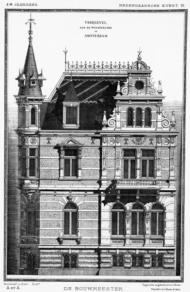Afbeelding uit: 1886. Gevel Weesperzijde. Tekening gepubliceerd in het tijdschrift "De Bouwmeester". Opgemeten en getekend door architect L. Krook.