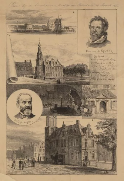 Afbeelding uit: november 1886. Deze prent verscheen in het weekblad De Amsterdammer. Ze toont de Regulierspoort (1), de Munt van De Keyser (2), de ingang in 1772 (3), het muurtje (?) (4), en het nieuwe gebouw van Springer (5).