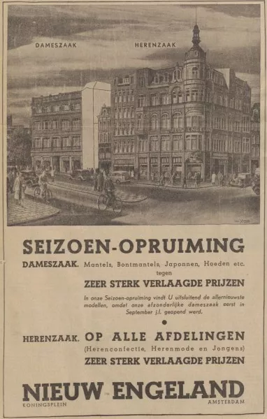 Afbeelding uit: januari 1940. Advertentie in de Gooi- en Eemlander. Vanaf 1939 was vrijwel de gehele noordelijke gevelwand van het Koningsplein in gebruik bij Nieuw Engeland.