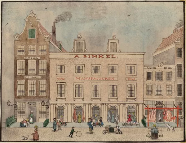 Afbeelding uit: circa 1840. De voorganger van het huidige pand werd in 1834 gebouwd.