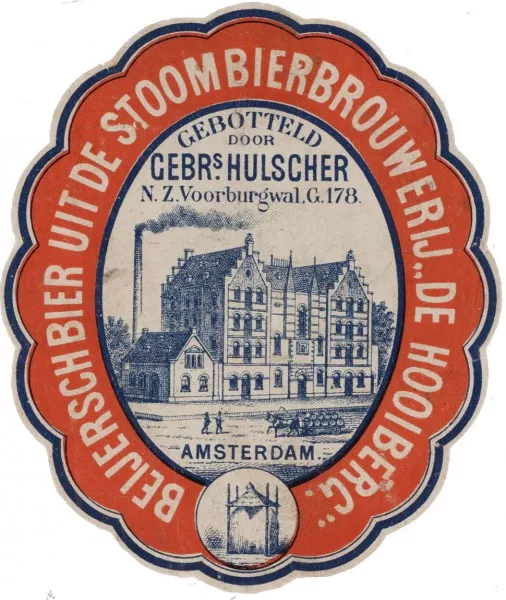 Afbeelding uit: Circa 1875. Etiket met een afbeelding van de brouwerij van architect Gosschalk aan de Stadhouderskade. De gebroeders Hulscher waren de uitbaters van de Port van Cleve.