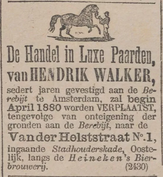 Afbeelding uit: maart 1880. Deze advertentie in het Nieuws van den Dag diende als verhuisbericht. De Berebijt was een oude uitspanning langs de Amstel, ongeveer ter hoogte van de Tweede Jan van der Heijdenstraat.