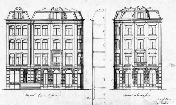Afbeelding uit: 1880. De voorgevels. Links de Commelinstraat, inclusief het woonhuis op nummer 4.