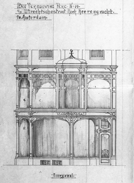 Afbeelding uit: 1901. Het ontwerp voor de gevel aan de Utrechtsestraat van Jacot, 1901.
Bron afbeelding: SAA, bestand 5221BT907981.