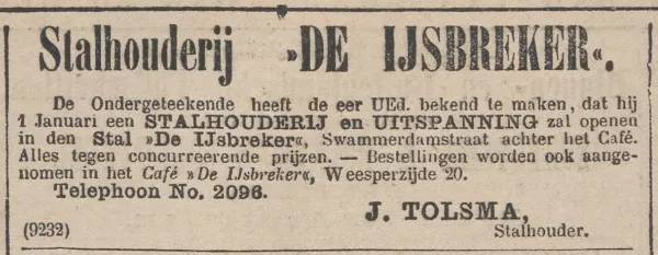 Afbeelding uit: december 1886. Advertentie waarin de opening van de stalhouderij van J. Tolsma wordt gemeld.