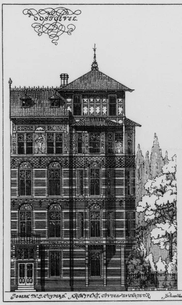 Afbeelding uit: 1884. Tekening van de oostgevel. Ondertekend met "Joseph Th.J. Cuypers. Architekt, civiel-ingenieur".
Bron afbeelding: SAA, bestand 5221BT903290.