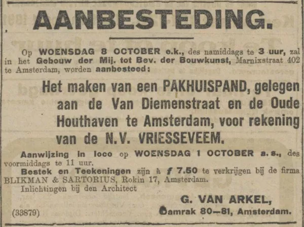 Afbeelding uit: september 1913. Aanbestedingsadvertentie in het Algemeen Handelsblad.