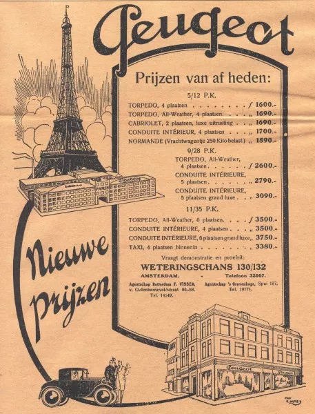 Afbeelding uit: april 1927. Deze advertentie van Pimentel laat zien dat de Peugeots rechtstreeks uit de fabriek in de showroom kwamen. De reclametekenaar maakte de gevel aan de Weteringschans een raam breder dan de werkelijkheid.