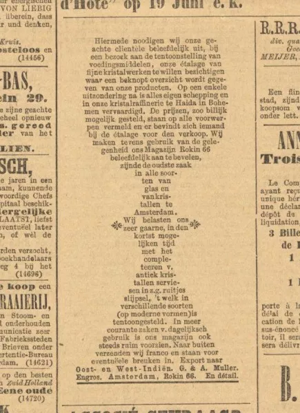 Afbeelding uit: juni 1887. Advertentie van Muller in het Algemeen Handelsblad.