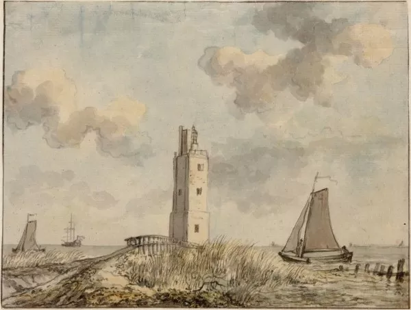 Afbeelding uit: april 1796. Tekening van de stenen voorganger van de huidige toren. Collectie Stadsarcief Amsterdam.
Bron afbeelding: SAA, bestand 010097002047.