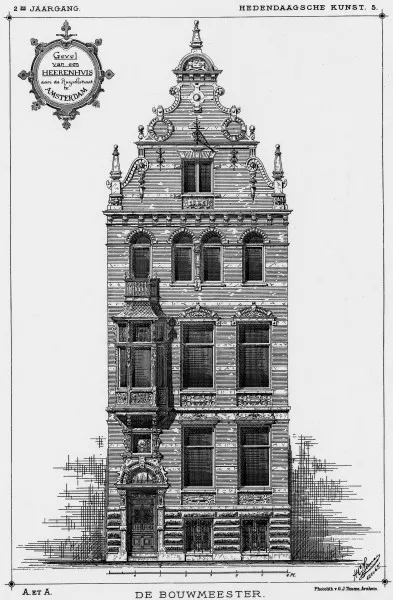 Afbeelding uit: 1886. Geveltekening van het herenhuis Ruyschstraat 12. Gepubliceerd in De bouwmeester, jrg. 2 nr 3.