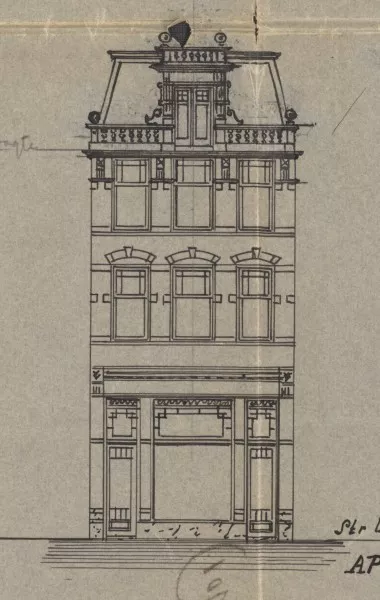 Afbeelding uit: 1901. Voorgevel, uitsnede van de bouwtekening.