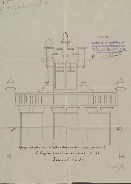 Afbeelding uit: 1901. Gewijzigd plan voor de geveltop, twee maanden na de eerste tekening.