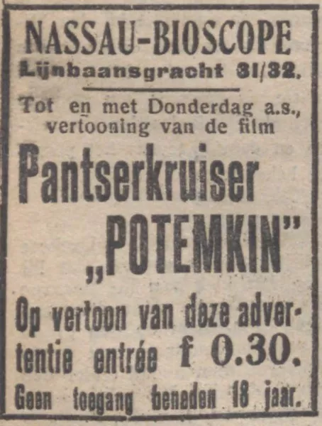 Afbeelding uit: 1928. Advertentie in het communistische dagblad De Tribune voor de sovjetpropagandafilm Pantserkruiser Potemkin (1925).