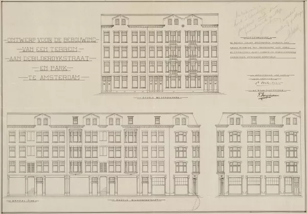 Afbeelding uit: 1914. Geveltekeningen, met de handtekeningen van architect Oosterbaan en bouwondernemer Bruinsma.
Bron afbeelding: SAA, bestand B00000008715.