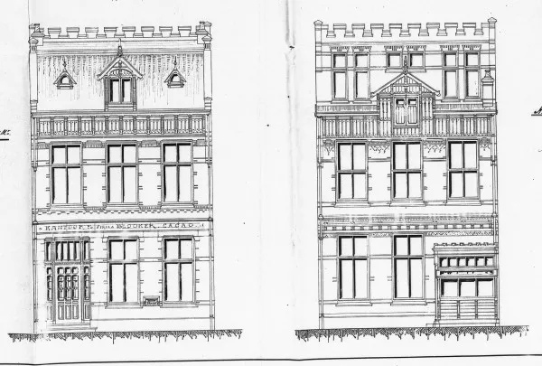 Afbeelding uit: 1897. Voor- en achtergevel van het (verdwenen) gebouw van Klinkhamer. Op het fries staat Kantoor v/d firma Blooker Cacao.
Bron afbeelding: SAA, bestand 5221BT900391.