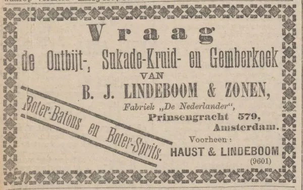 Afbeelding uit: mei 1895. Advertentie van de koekenbakker.