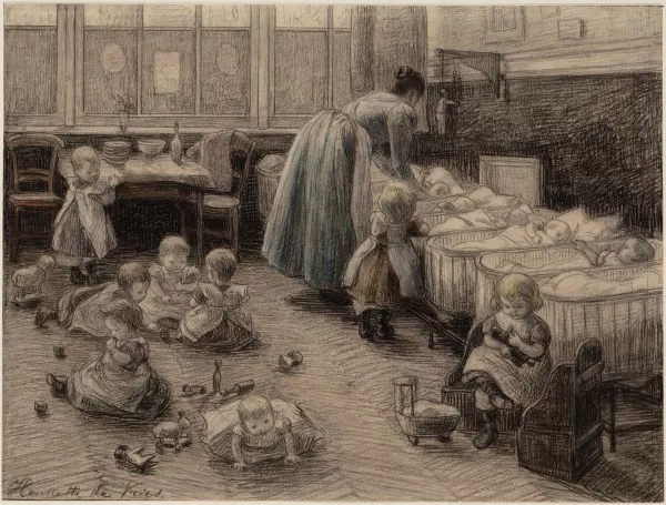 Afbeelding uit: circa 1915. Kinderbewaarplaats in de Vinkenstraat. Tekening van Henriëtte de Vries (1867-1942).
Bron afbeelding: SAA, bestand 010097009958.