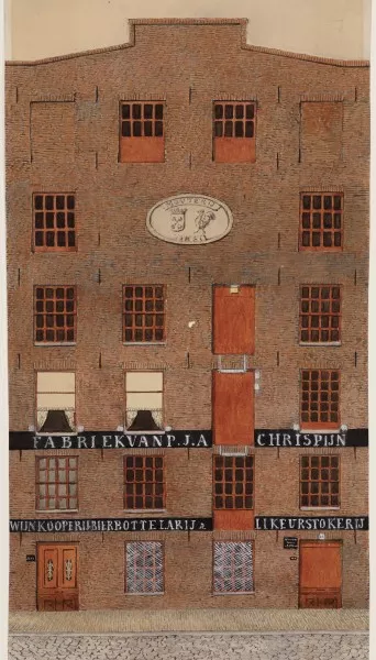 Afbeelding uit: circa 1894. "Fabriek van P.J.A. Chrispijn
Wijnkooperij bierbottelarij likeurstokerij"
Bron afbeelding: SAA, bestand 010097012852.