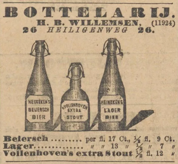 Afbeelding uit: september 1888. Je kon hier ook bier op de fles kopen: Beiers bier of lager van Heineken, of stout van Van Vollenhoven. (advertentie in het Algemeen Handelsblad)