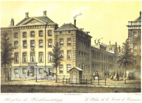 Afbeelding uit: 1860. De voorgangers van het gebouw uit 1899. Afbeelding uit het boek Amsterdam - 1860, van Willem Jacobs Hofdijk.