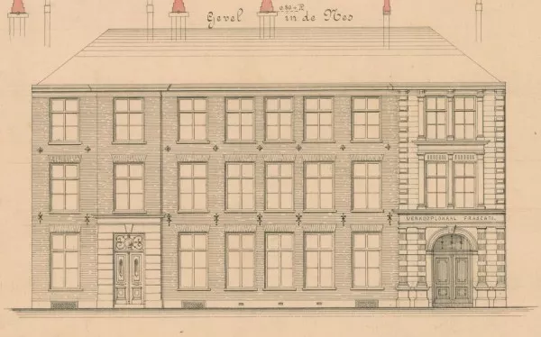 Afbeelding uit: 1879. Gevel aan de Nes van het gebouw van Van Gendt.