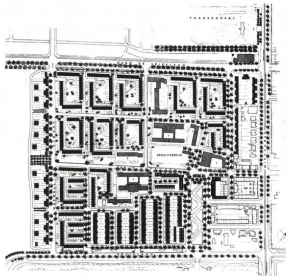 Afbeelding uit: 1947. Het verkavelingsplan voor de wijk Frankendael. Jeruzalem is linksboven, met de L-vormige stroken.