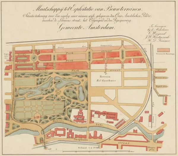 Afbeelding uit: circa 1890. Kaart van de Oosterparkbuurt, met in een kleur de al dan niet bebouwde percelen van de Maatschappij tot Exploitatie van Bouwterreinen. (noorden onder)
Bron afbeelding: SAA, bestand KOKA00364000001.
