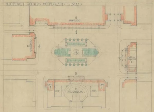 Afbeelding uit: circa 1925. Schets van het plein. In de oostwand (onder) had Berlage een 'volksgebouw' in gedachten, met onder meer een theaterzaal.