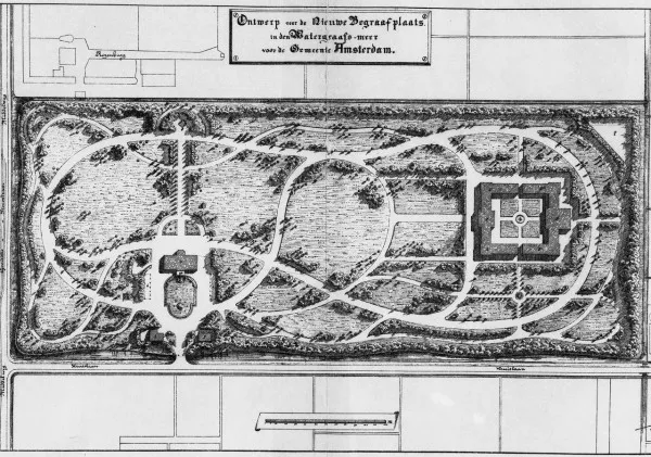 Afbeelding uit: 1891. Het ontwerp van Springer van het oudste deel. Links de Middenweg, onder de Kruislaan. Het vierkant rechts waren mausoleum en crematorium. (Gepubliceerd in De Opmerker 1891-1).