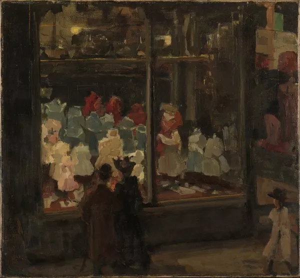 Afbeelding uit: 1894. Schilder Isaac Israëls legde in 1894 de etalage van Bahlmann op nummer 202 vast. Een man en een vrouw bekijken 's avonds de verlichte etalage. Collectie Rijksmuseum.