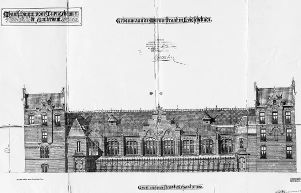Afbeelding uit: 1887. De opschriften luiden "Maatschappij voor Turngebouwen te Amsterdam" en "Gebouw aan de Marnixstraat en Leidschekade".
Bron afbeelding: SAA, bestand 5221BT903626.
