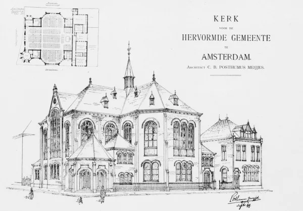 Afbeelding uit: juni 1900. Perspectieftekening van de kerk, gepubliceerd in het Bouwkundig Weekblad. Op dat moment was er nog geen geld voor een toren.